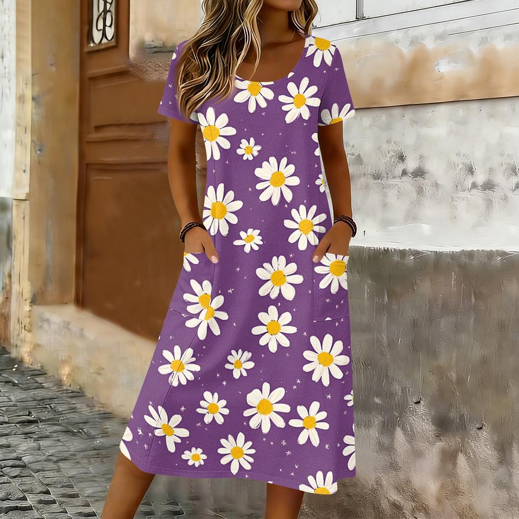 Women’s Short Sleeve Midi Dress with Maple Leaf Print Relaxed Fit Crew Neck Casual Pockets Soft Fabric Comfortable Wear