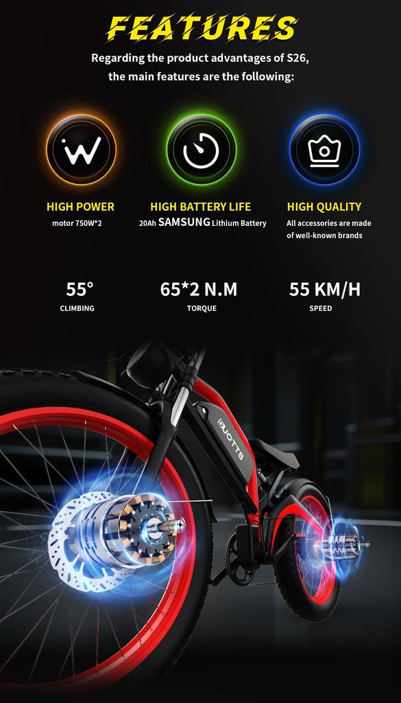 DUOTTS N26 Electric Bike 750W Motor, 48V 20Ah Samsung Battery, 120KM Range, IPX4 Waterproof, 55° Climbing