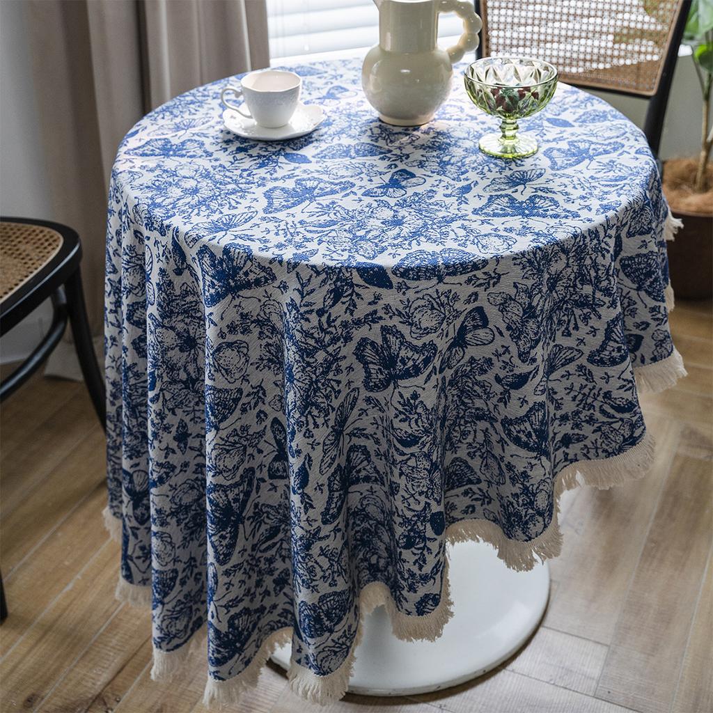 Floral Round Tablecloth with Tassels Diameter – Light Blue Polyester Jacquard Design, Decorative Lace and Fringe Detail for Dining