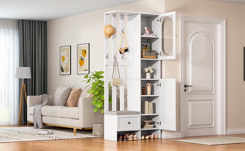 85*33.5*200cm Compact Wardrobe with 2 Cabinets, Storage Cabinet Made of Tempered Glass, White Entryway Cabinet, Coat Rack with Shoe Bench and Cushion