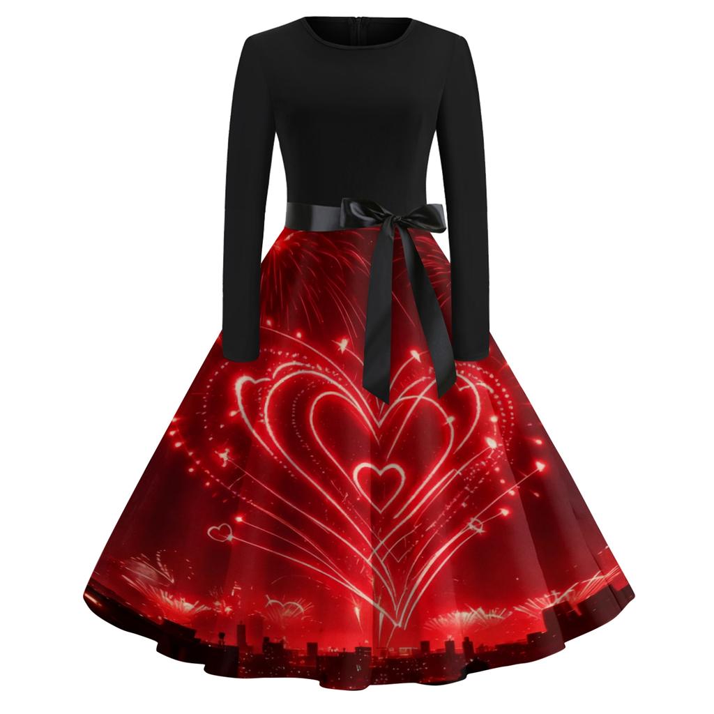Женское повседневное модное платье с круглым вырезом и длинным рукавом с новогодним принтом в ретро-стиле