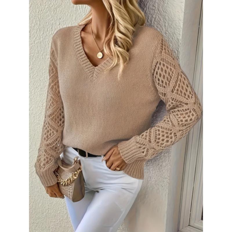 Fashion Long Sleeved V-neck Hollow Out Pullover Sweater Women Lace Loose Casual Top Solid Color Knitted Ladies Sweaters Autumn Winter Office Clothing