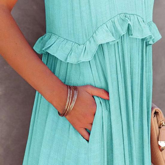 Women Vacation Dress Ruffle Off Shoulder Sleeveless Halter Neck Patchwork A-line Loose Pleated Side Pockets Solid Color Cake