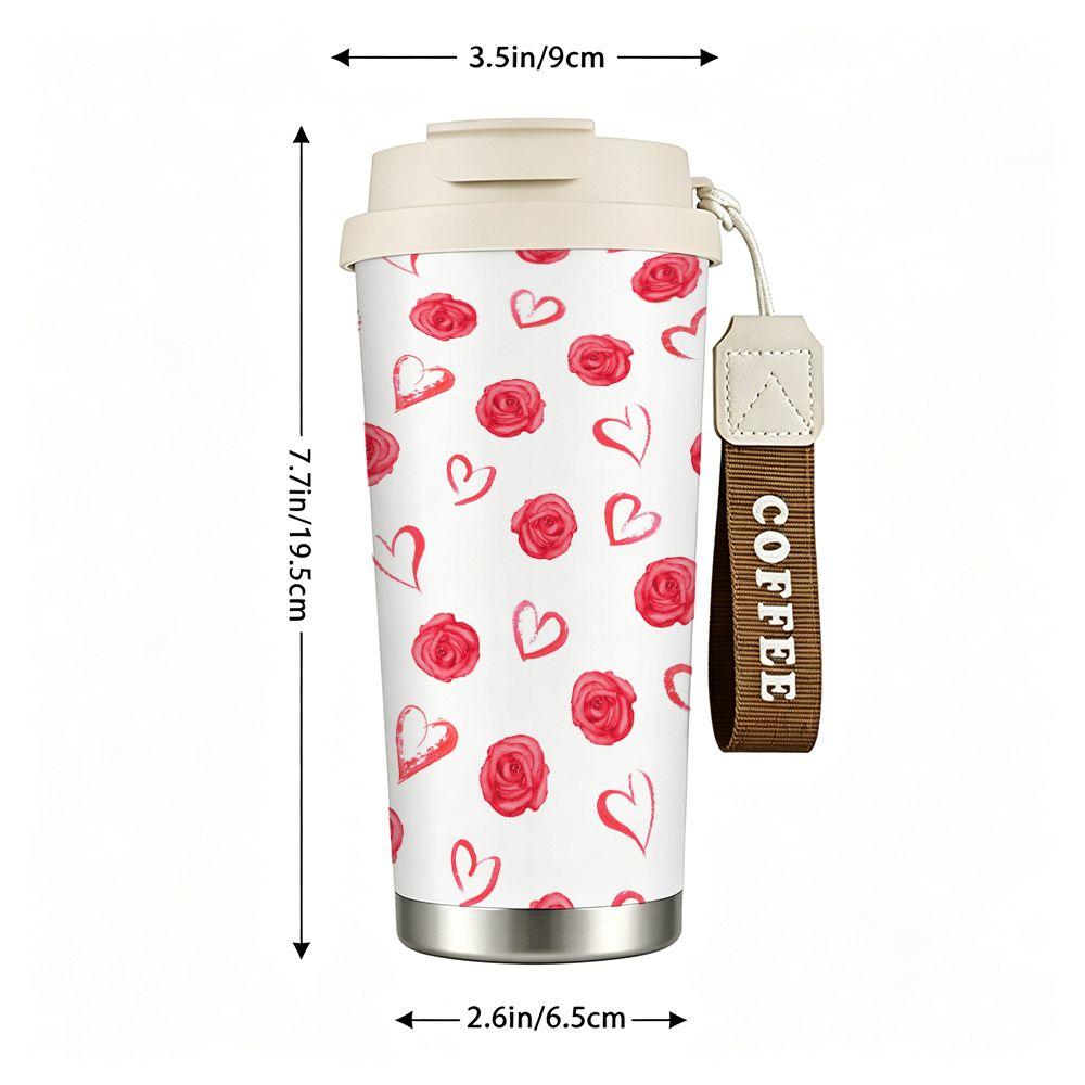 Romantic Red Rose and Heart Pattern Stainless Steel Insulated Coffee Tumbler, Reusable Vacuum Thermal Travel Cup for Women Daily Office Gift