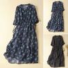 V Neck 3/4 Sleeve Drawstring Waist Tight High-Waist Flowy Hem Linen Dress Floral Print Loose Midi Retro Dress Streetwear