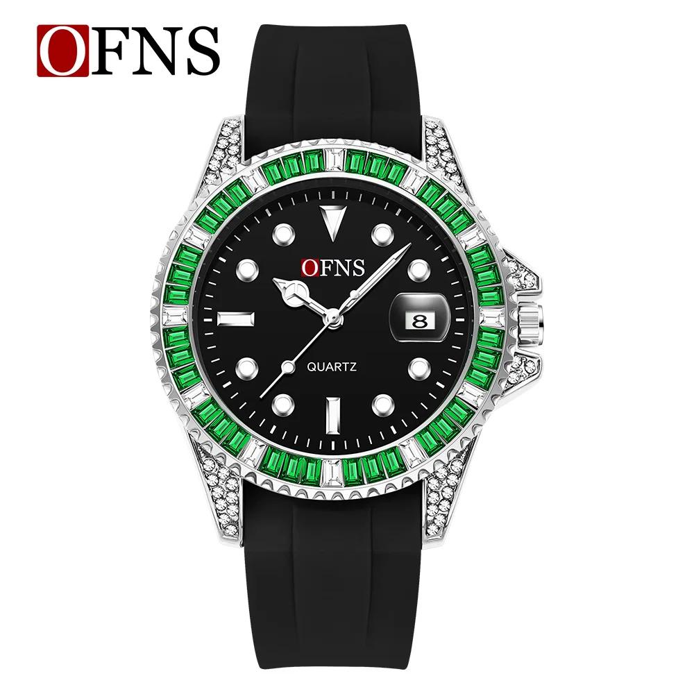 Fashion Ofns 7101 Top Brand Men's Calendar Quartz Night Light Waterproof Diamond Inlaid Business silicone Or Steel Strap Watches