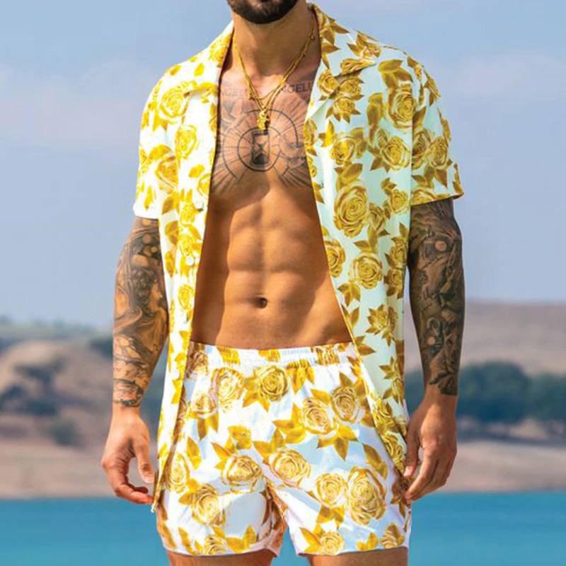 2022 Summer European & American Men's Casual Loose Short-sleeved Shirt & Shorts Beach Set