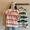 Women's Autumn And Winter Striped Contrasting Loose Long Sleeved T Shirt Thin Round Neck Sweatshirt