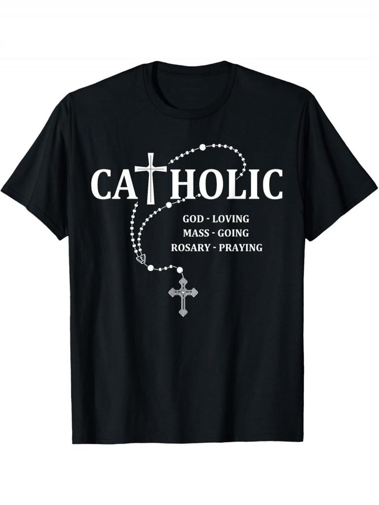 Plus Size, Women's Catholic Faith T-shirt with Rosary Prayer Print And CATHOLIC Lettering- Loose Fit