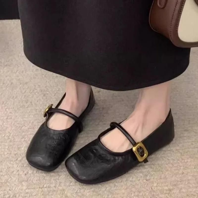 Женские туфли Мэри Джейн, новые дизайнерские туфли на плоской подошве с пряжкой и ремешком, кожаные мягкие женские туфли с квадратным носком, черные туфли на плоской подошве Zapatos Mujer