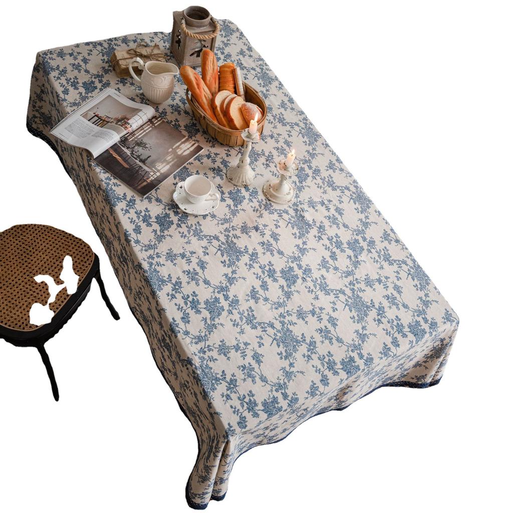 French Vintage Blue Rose Floral Cotton Linen Fabric, Stitching Tassel Rectangle Tablecloth for Kitchen | Dining | Tabletop | Decoration | Tea Party