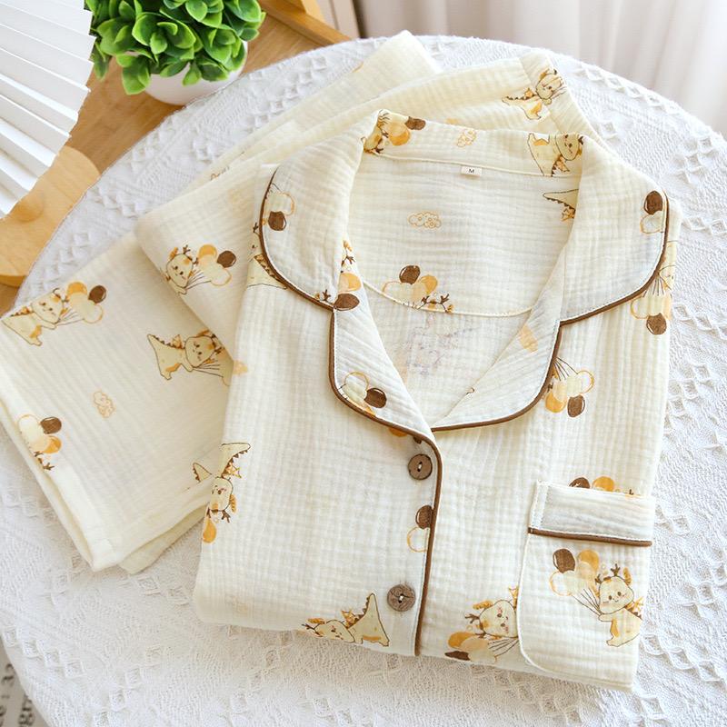 Весна/лето Женская пижама с длинным рукавом 2 предмета 100% хлопок креп пижама милый принт кота милая домашняя одежда одежда для сна