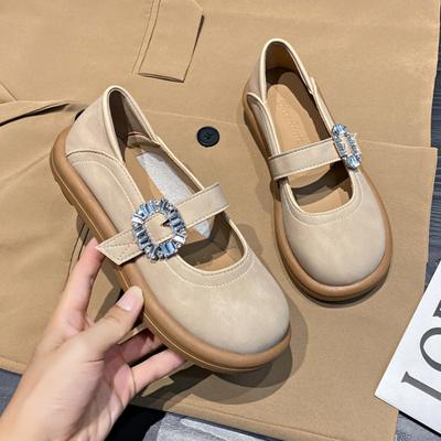 Женские туфли Мэри Джейн с ремешком из кристаллов и пряжкой, модные удобные неглубокие мокасины с круглым носком, повседневная кожаная обувь 2024