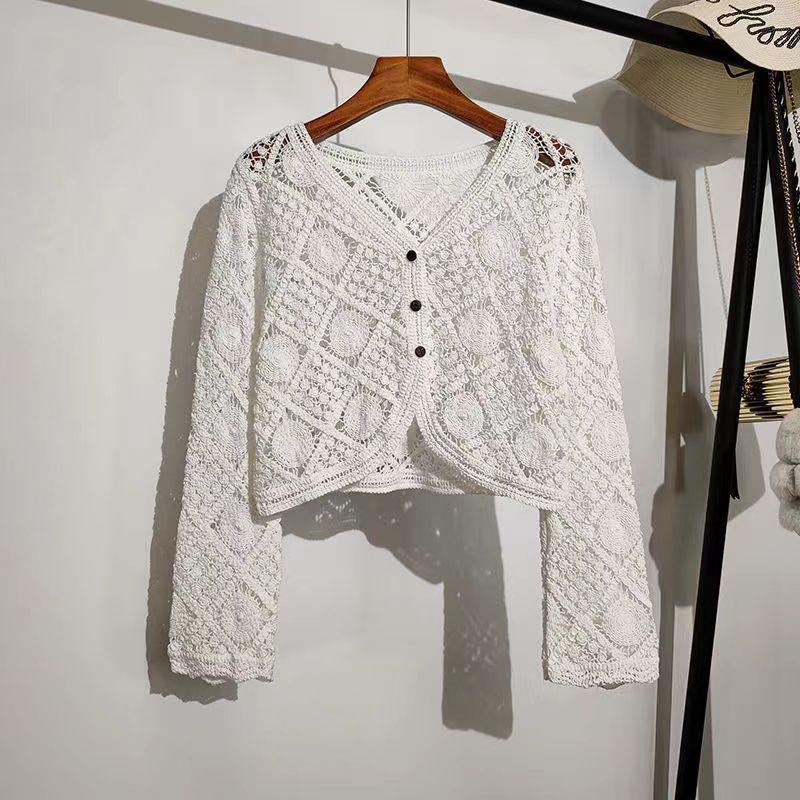 Летний вязаный крючком кардиган с женским дизайном Sense, с длинными рукавами, устойчивая к воздействию солнца кружевная рубашка с кондиционером для верхней одежды