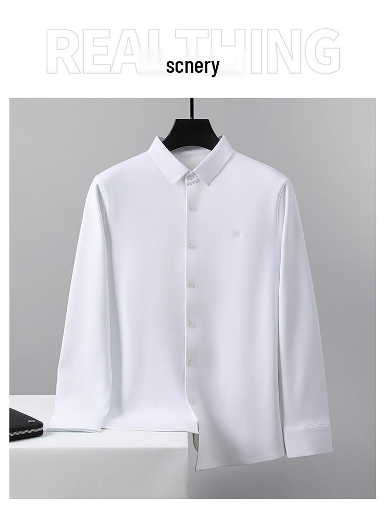 Мужская рубашка Pierre Cardin с длинным рукавом из шелка-тусса (mulberry silk) - Не требует глажки, С начесом, Высококачественный business casual для осени/зимы