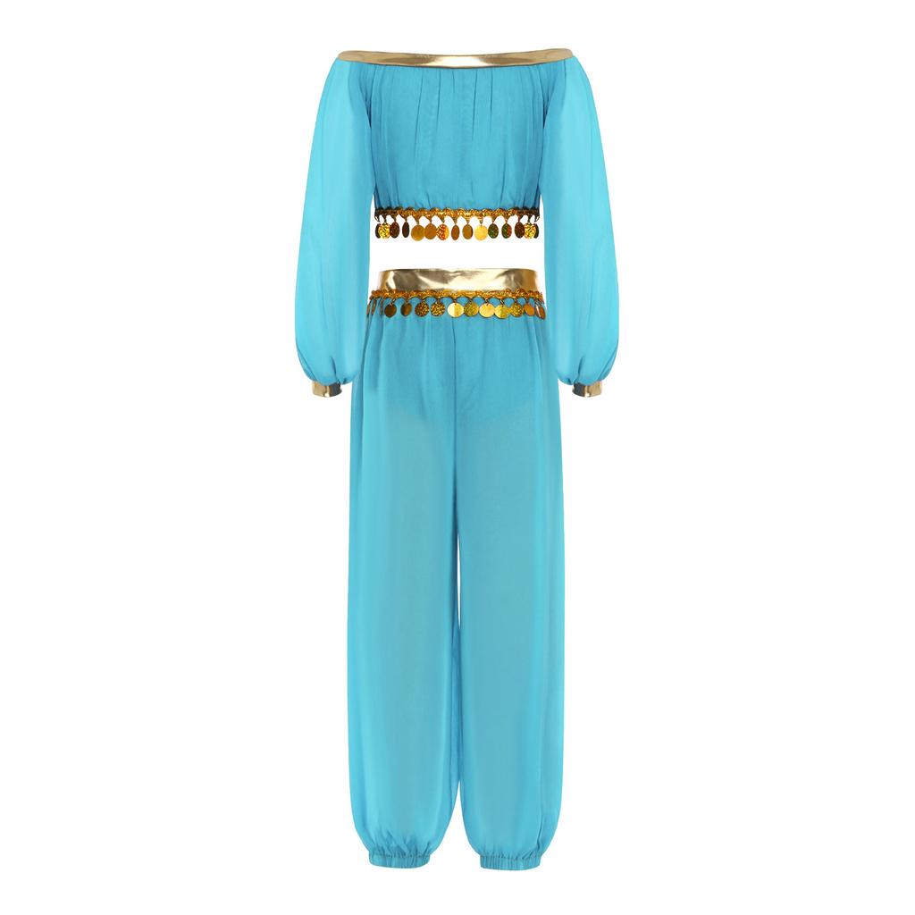 Костюм для восточных танцев для девочки Топ с пайетками и бахромой Брюки со встроенными трусиками Украшение стразами Наряд с длинным рукавом