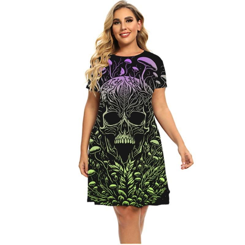 2025 Новое весеннее платье с изображением растений, грибов и черепов 3D, женское летнее свободное мини-платье с коротким рукавом, повседневное платье с градиентным принтом больших размеров