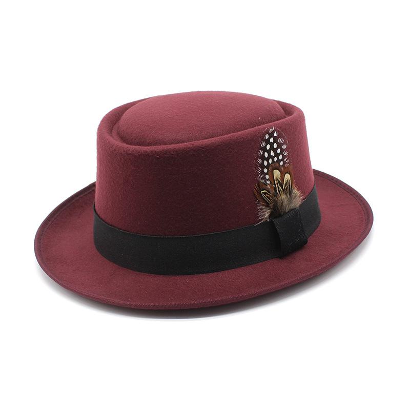 Hat Female British Retro Fashion Versatile Jazz Hat Flat Top Tweed Feather French Top Hat