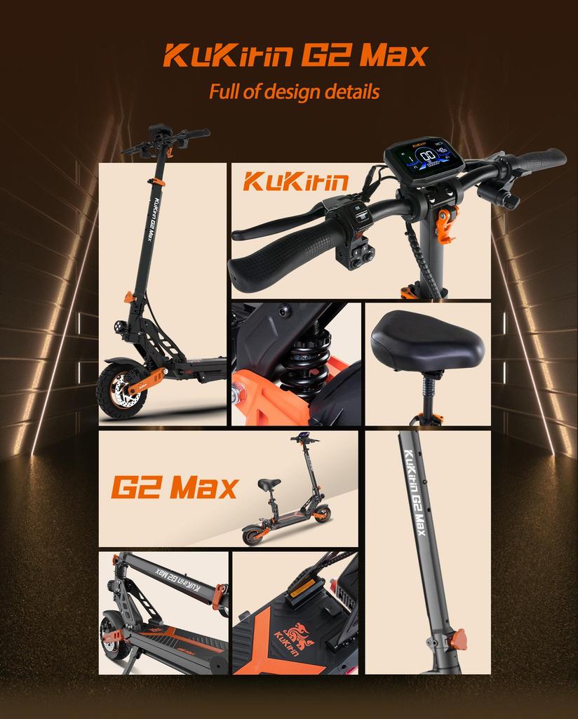 Foldable electric scooter Kukirin G2 Max, 1000W motor, 48V 20.8AH battery, top speed 55km/h, cruising range 70km, 10-inch tires