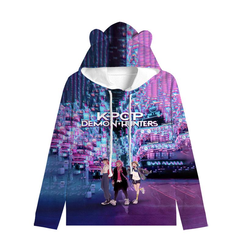 Huntrix Девушка Толстовка с капюшоном с кошачьими ушками Мультяшная K-pop Охотники на демонов На шнурке Толстый Пуловер Зои Руми Мира Средней длины Теплая Толстовка
