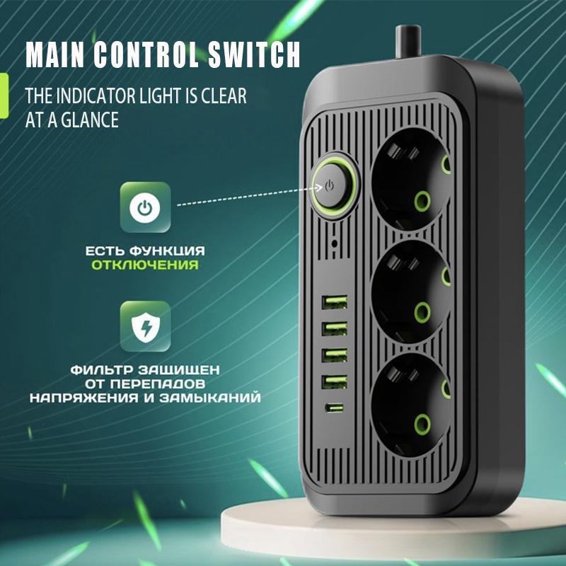 EU Plug AC Outlet Smart Power Strip Multiprise Удлинитель Электрическая розетка Сетевой фильтр с 4 USB Type C PD Быстрая зарядка