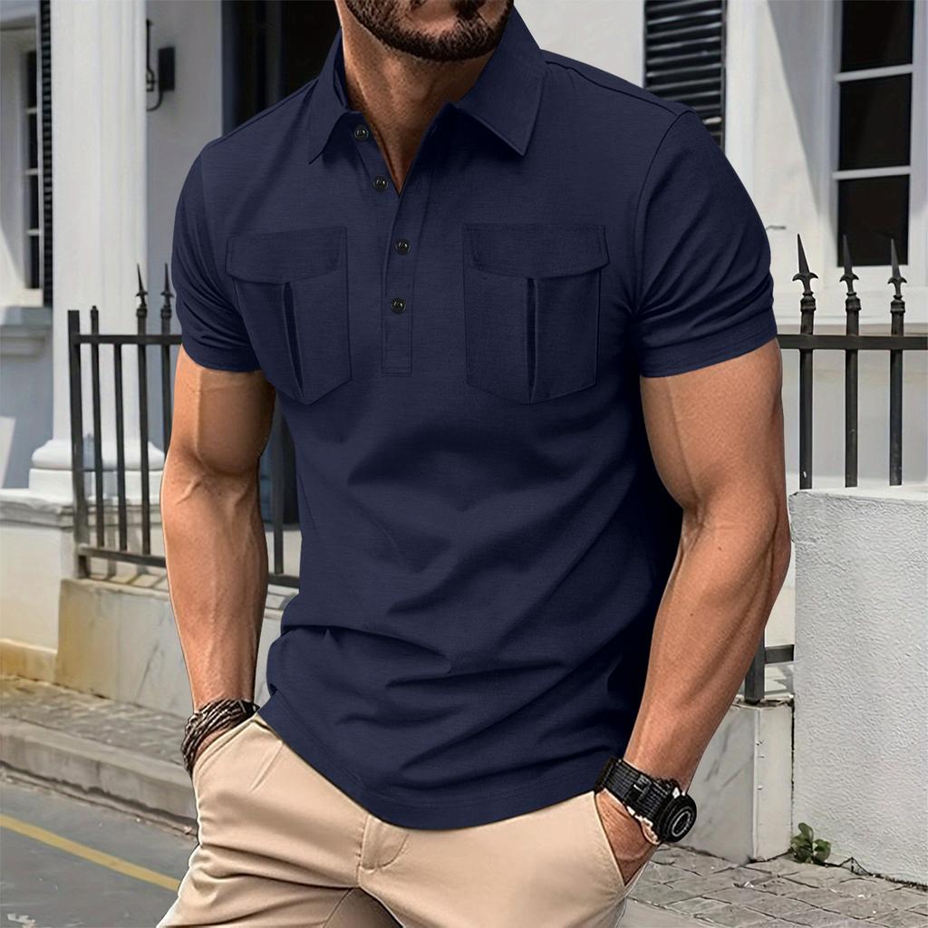 Мужская минималистичная рубашка-поло кэжуал с короткими рукавами, на пуговицах, с длинной планкой, воротником на пуговицах и двумя карманами, однотонная