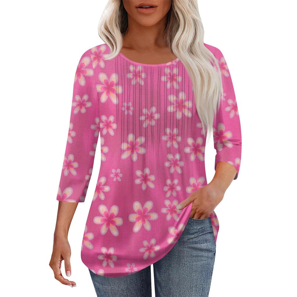 Women's Fashionable Casual Pleated Round Neck Casual Floral Print Seven Quarter Sleeved T-shirt Top