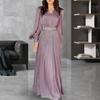 Women Maxi Dress V-Neck Puff Long Sleeve Waist-Hugging Design Long Dress Pleated Flowy Hem Thin Yarn Gown Dress