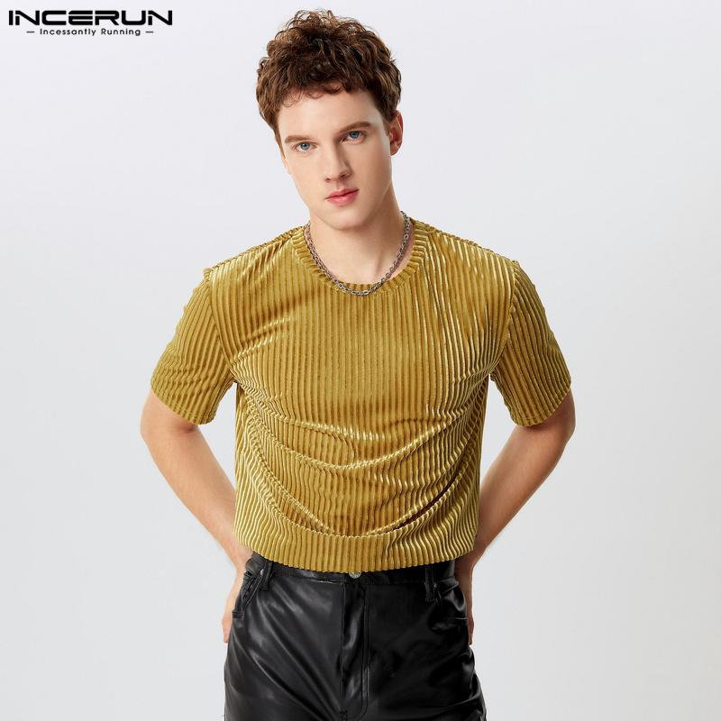 INCERUN Летние мужские футболки с коротким рукавом и круглым вырезом, повседневные блестящие футболки