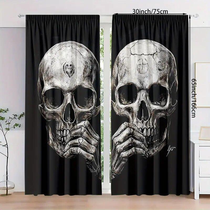 2 Pieces of High-definition Digital Black Skull Print Curtains, Pole Bag Home Decoration, Room Decoration