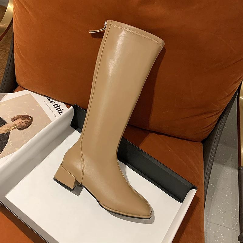 НОВЫЕ женские черные высокие сапоги на каблуке, модные, весна-осень, теплые, до колена, мягкие кожаные сапоги, высокие сапоги, обувь на молнии