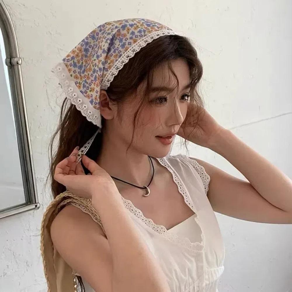 Elegant Lace Triangle Scarf Sweet Printing Hair Scarf Floral Cotton Head Scarf Outdoor