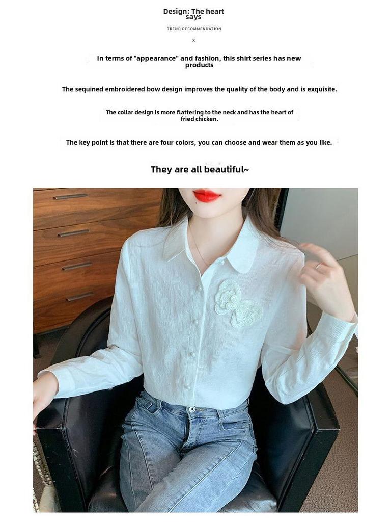 Осень 2024 г. Женская рубашка с длинным рукавом из чистого хлопка с жаккардовой вышивкой