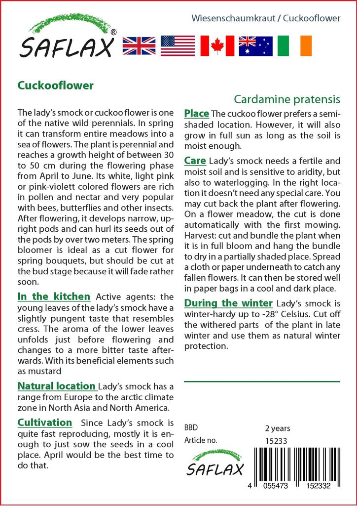 SAFLAX - Garden in the Bag - Cuckooflower - 100 seeds - With substrate in a fitting stand up bag - Cardamine pratensis