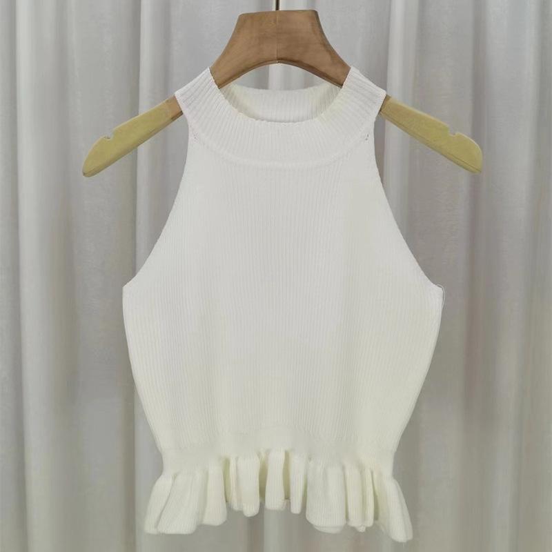 Женский летний вязаный короткий жилет с рюшами и подвесным воротником