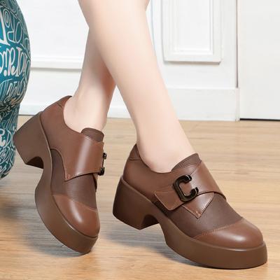 Мода 35-40 размер 2024 модные женские лоферы на толстом каблуке весенние круглые носки из натуральной коровьей кожи британский стиль металл универсальная повседневная обувь