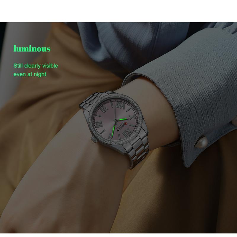 CURREN Роскошные кварцевые женские часы-браслет с очаровательным серебряным циферблатом из горного хрусталя и люминесцентными стрелками из нержавеющей стали