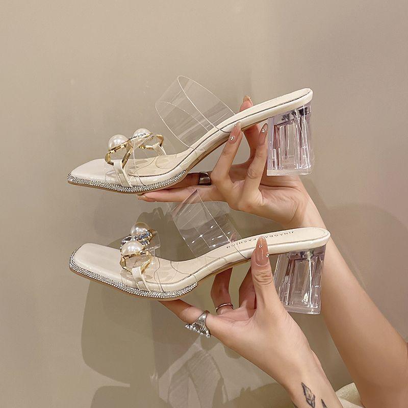 Туфли женские с открытым носком и жемчужно-бриллиантовой отделкой, летняя женская обувь на прозрачном высоком каблуке