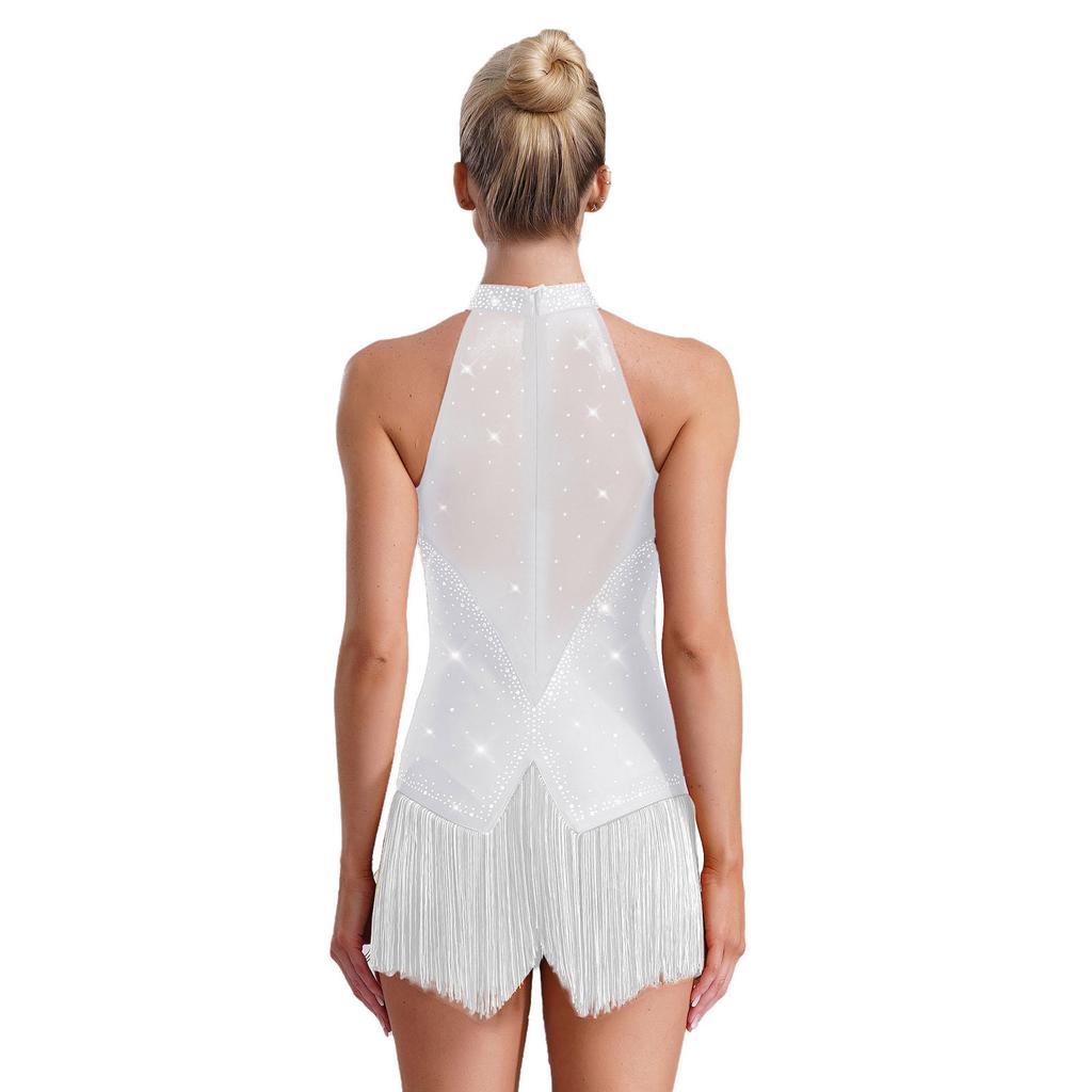 Женский трико для латиноамериканских танцев без рукавов, с прозрачными сетчатыми вставками, расшитый блестящими стразами и бахромой, костюм для танго
