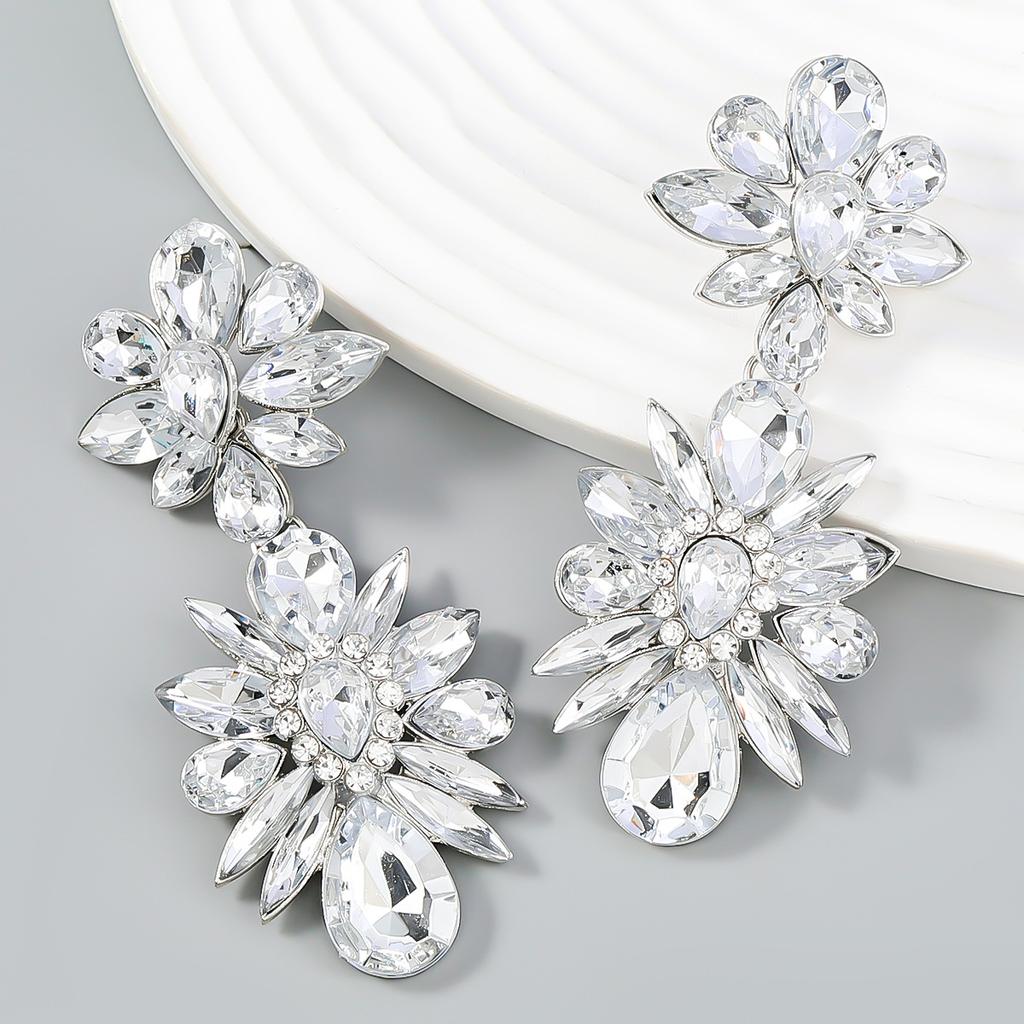 Crystal Flowers Dangle Geometric Earrings For Women Pendientes Bride Wedding Party Vintage Jewelry