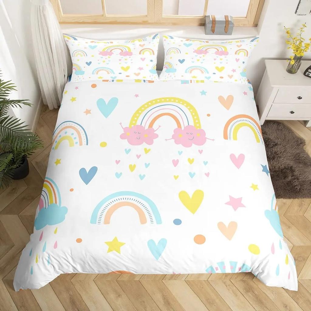 Red Valentine'S Day Rainbow Duvet Cover Twin Size,Cartoon Love Heart Bedding Set For Girls Women Moon Leaves Comforter Cover