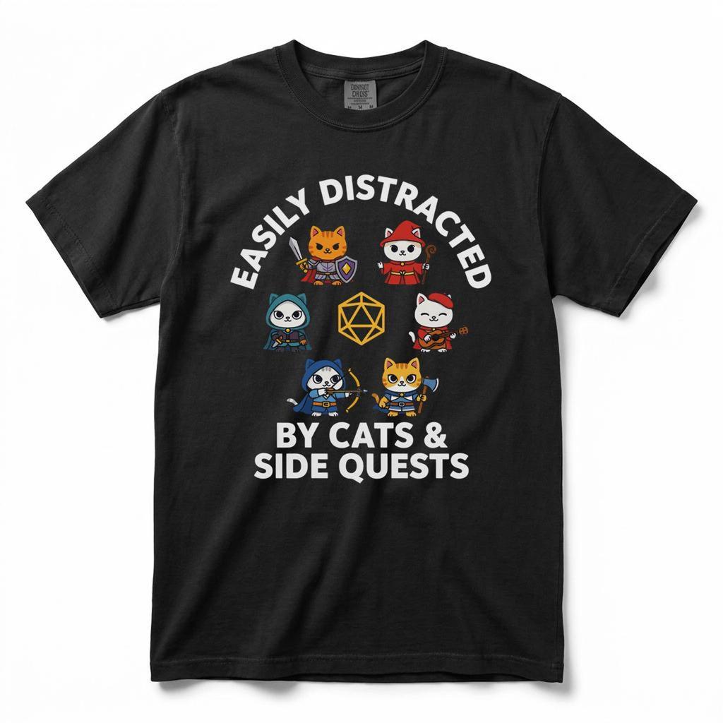 Easily Distracted By Cats And Side Quests T-Shirt, Kawaii RPG Gamer Cat Tee T-shirt