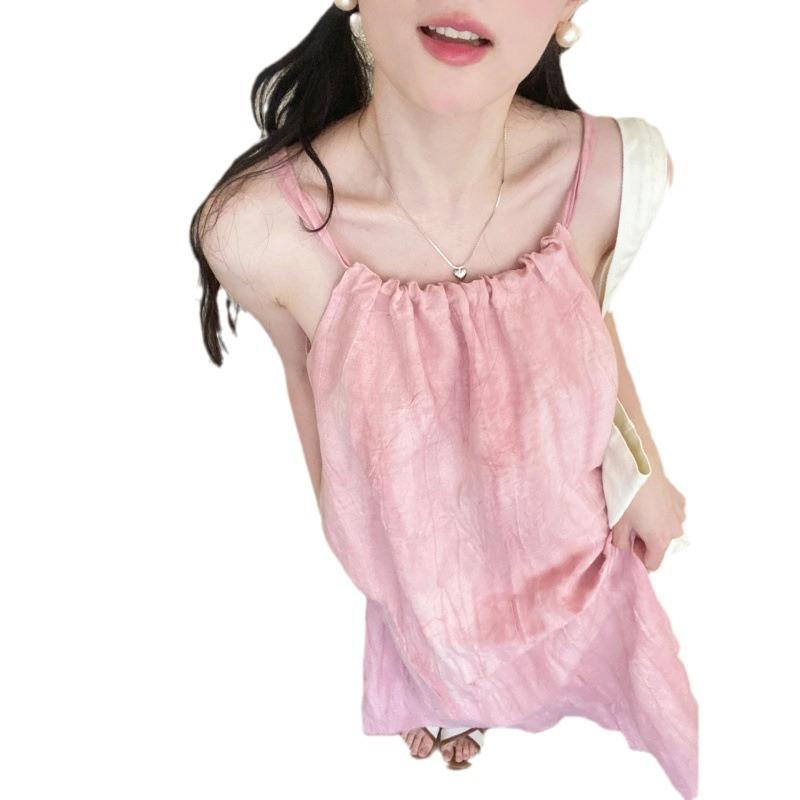 Льняное платье на подтяжках, свободное и тонкое, однотонное, большая юбка-солнце, плиссированная, без рукавов, с вырезом на плече, длинная юбка, юбка А-образного силуэта