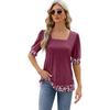 Spring Summer Women's T-Shirt Square Neck Printed Color Clash Bubble Sleeve Slit T-Shirt Top
