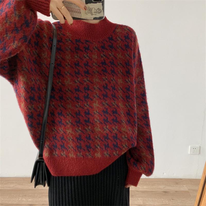 Women Thickened Retro Contrast Color Knitted Sweater Houndstooth Winter Loose Round Neck Pullover