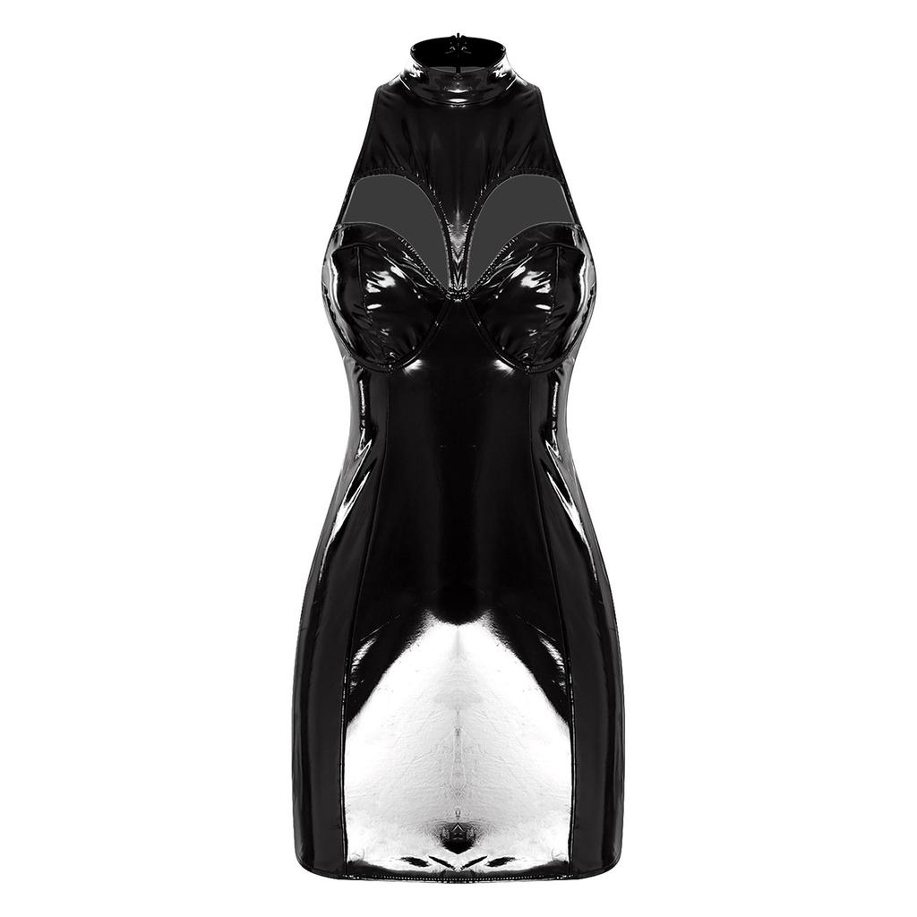 Женское облегающее платье из ПУ с мокрым блеском, мини-стиль, с воротником-стойкой, без рукавов, с вырезами, платье-труба для клуба