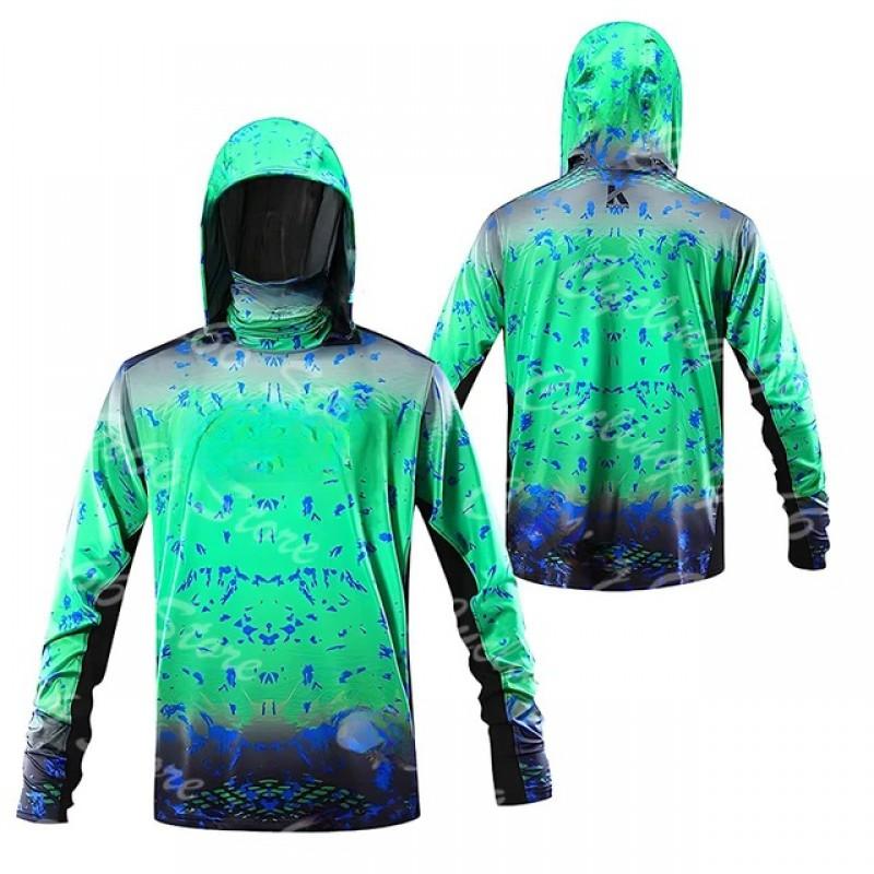 Mens UPF 50 Long Sleeve Fishing Shirt With Hood Face Cover Quick Dry Breathable Sun Protection Outdoor Angling