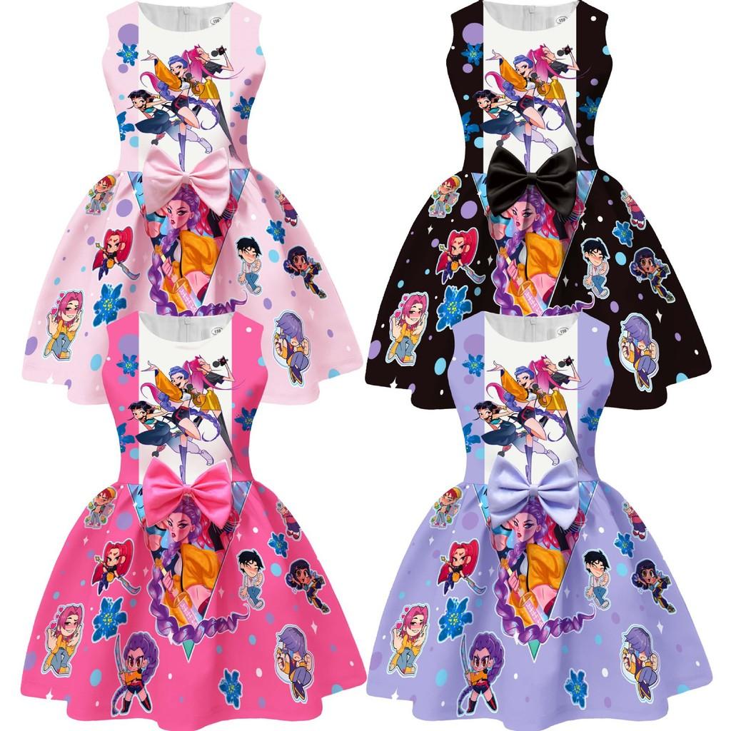 Kids Girls Anime Cartoon KPop Super Star Singer Printed Sleeveless Bow Casual Party Princess Dress Halloween Cosplay Costumes