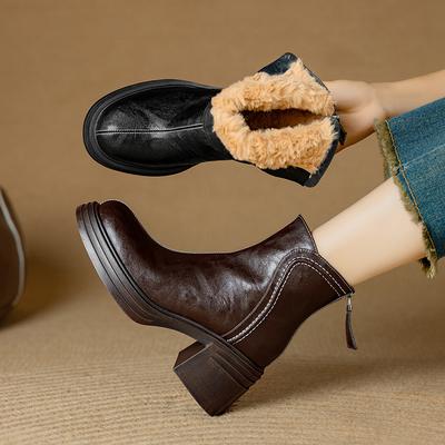 Мода 2024 Новые Зимние Женские Сапоги Круглый Носок Массивный Каблук Натуральная Кожа Обувь для Женщин Ботильоны на Молнии Теплые Зимние Сапоги Обувь на Платформе