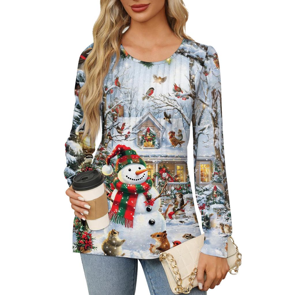 Женский модный пуловер с круглым вырезом и длинными рукавами, рождественский принт «Снеговик»